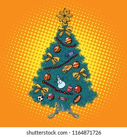 Christmas tree with decorations. Pop art retro vector illustration vintage kitsch