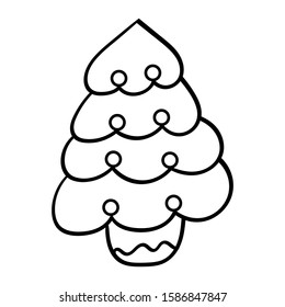 Christmas Tree with decorations in pot. Coloring Doodle illustration