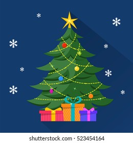 Christmas Tree with decorations and presents under it. Merry Christmas and Happy New 2017 Year illustration.