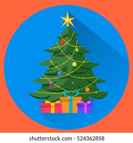 Christmas Tree with decorations and presents under it. Merry Christmas and Happy New Year illustration. Blue and orange background. Flat vector illustration