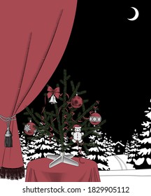 Christmas tree with decorations and red curtain against the night winter landscape with a spruce forest in snow. Vintage engraving stylized drawing. Vector illustration