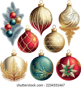 Christmas tree decorations, red and gold collection. Vector illustration