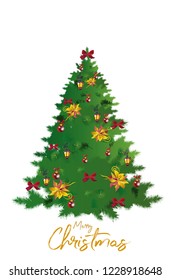 Christmas tree with decorations from red ribbons and balls,  lanterns, candles, red and white ribbons, flowers. Christmas decoration card. 