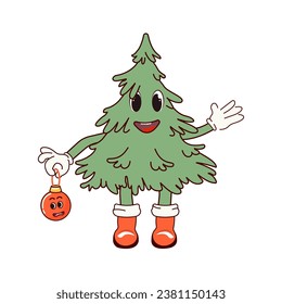 Christmas tree with Christmas decorations. Retro character in cartoon fashionable groovy style. The atmosphere is from the 60s and 70s. Merry Christmas and Happy New Year.