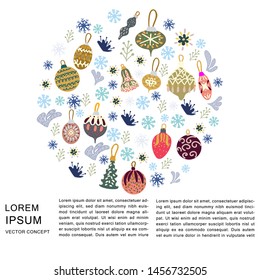 Christmas tree decorations in round shape and text on white background. Vector.