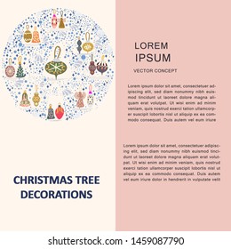 Christmas tree decorations in round shape and text. Winter Holidays and Celebrations concept. Vector.