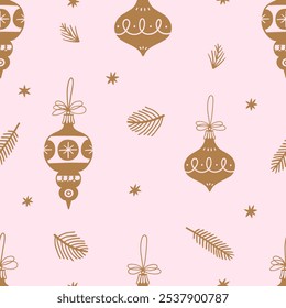 Christmas tree decorations seamless pattern. Festive background with vintage xmas baubles. Vector illustration