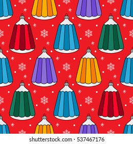 Christmas tree decorations seamless pattern of cartoon lanterns with blue, red, orange, yellow, green and violet stripes and white snowflakes. Colorful print for gift paper. Vector Illustration.