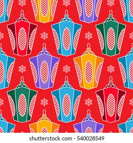 Christmas tree decorations seamless pattern of cartoon blue, red, orange, yellow, green and violet lanterns and white snowflakes. Colorful print for gift paper. Vector Illustration.