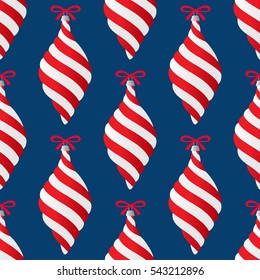 Christmas tree decorations seamless pattern of cartoon icicles with red and white stripes and a bow on dark blue background. Colorful print for gift paper. Vector Illustration.