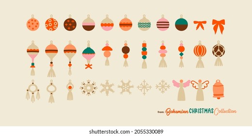 Christmas tree decorations set of Christmas ball, bows, snowflakes, angels and a bell. Cute clipart in vector cartoon design with vintage vibes.