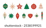 Christmas tree decorations set with different shapes: ball, star, tree, heart, bell, cone, icicle. Vintage holiday ornaments in red, green and beige colors. Xmas toys collection isolated on white 