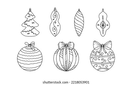 Christmas tree decorations. Set of holiday decorations hand drawn. Doodle elements isolated on white background.