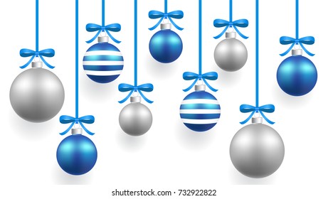 Christmas tree decorations, silver and blue Christmas balls with blue ribbon and bows. Vector illustration, greetings card design template
