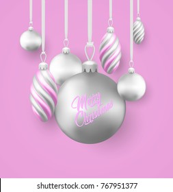 Christmas tree decorations silver cones, balls toys on ribbons. Winter merry xmas, new year holiday spruce, fir tree decorative realistic poster. Vector illustration on a pink background