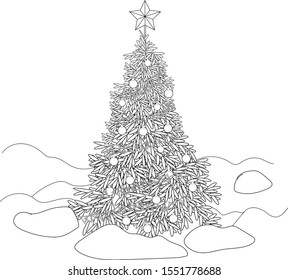 Christmas tree with decorations and snow coloring page in outlines. 2020. Happy new year. Ready postcard. Children illustration. Coloring book