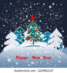 Christmas tree with decorations, snow and forest.  New Year card. Vector illustration.