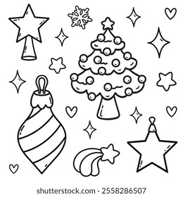 Christmas tree decorations, Christmas tree, snowflake, star, vector elements, coloring book, simple hand drawings, holiday decor, line art, cute elements, decor, winter, holidays