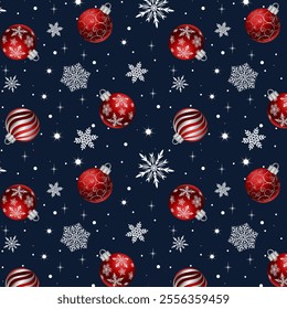 Christmas tree decorations and snowflakes.Vector seamless pattern with Christmas balls and snowflakes on a colored background.