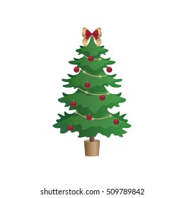 Christmas tree with decorations. Spruce with garlands, Christmas baubles, red and gold bow on top. Element celebrating Christmas and New Year. Vector illustration isolated on white background.