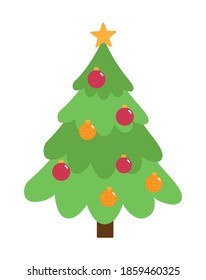 Christmas tree with decorations & star flat icon for apps and websites.  Decorated pine tree with balls, ribbon and star. Christmas spruce vector illustration.