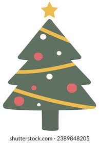 Christmas tree with decorations and star flat icon isolated on white background.