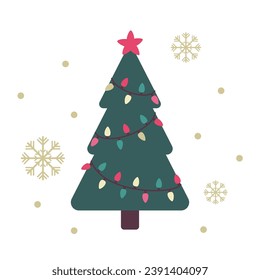 Christmas tree with decorations, star and garland. Cute vector illustration of isolated christmas tree on white background.