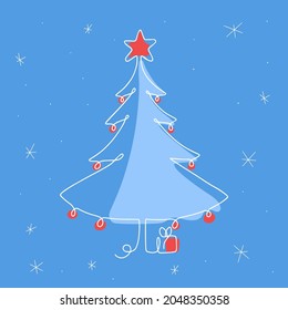 Christmas tree with decorations and star icon illustration in one line art style by white outline with snowflakes on color background. Vector icons for business and holidays