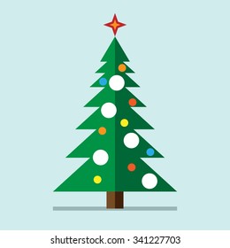 Christmas tree with decorations, star and snow on light bluish background. Flat style. EPS 10 vector illustration, no transparency
