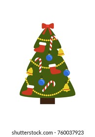 Christmas tree with decorations such as garlands, balls and toys, red socks and traditional candies, bells on vector illustration isolated on white