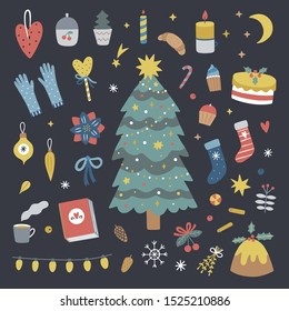 Christmas tree decorations and sweet food. Vector festive winter illustrations on dark background. Cozy hygge elements