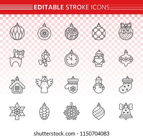 Christmas tree decorations thin line icons set. Outline sign kit of hang xmas ball. String baubles linear icon collection of deer, candy cane, clock. Editable stroke Xmas simple contour vector symbol