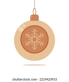 Christmas tree decorations toy beige ball with golden snowflakes ornament. Vector illustration on white background