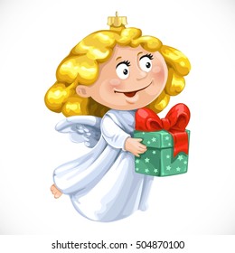 Christmas tree decorations toy  little angel with gift in hands isolated on white background
