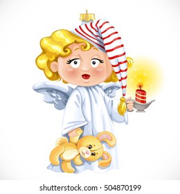 Christmas tree decorations toy  little angel with candleholder with candle isolated on white background