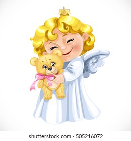 Christmas tree decorations toy  little blond angel hugging a teddy bear  isolated on white background