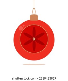 Decoración de árbol de Navidad juguete bola roja con adorno de flor dorada. Ilustración del vector sobre fondo blanco