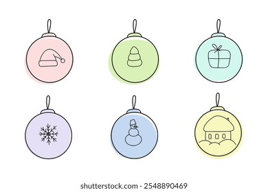 Christmas tree decorations, toys balls with a Christmas pattern isolated on a white background, vector. Colorful round decorative elements for a holiday, Christmas tree, decoration, doodle. 
