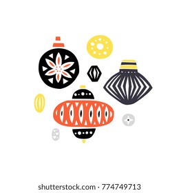 Christmas tree decorations - toys, balls, garland elements isolated on white background. Vector illustration in cutout style. Modern cute design concept for greeting card, banner, flyer.