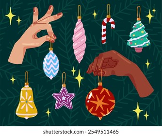 Decorações de árvore de Natal, brinquedos, baubles, elementos vetoriais em estilo plano. Balas De Férias Retrô Desenhadas À Mão. Coleção de Ornamentos de Natal Vintage.