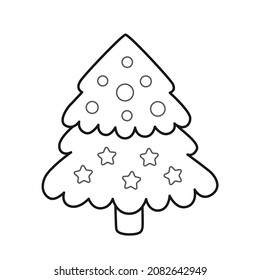 Christmas tree with decorations, toys and ornaments. Holiday symbol. Outline illustration. Vector isolated emblem for logo, coloring book, tattoo, print.