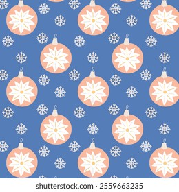 Christmas tree decorations and toys pattern. Festive Christmas balls and snowflakes. Vector illustration