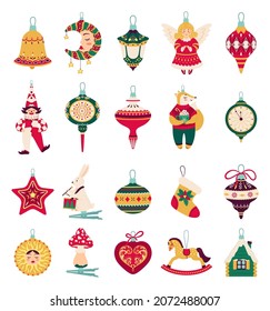Christmas tree decorations and toys, xmas balls with ornaments. Cute winter holiday hanging decoration, retro new year tree toy vector set. Angel, fox, house and rabbit with drums decor