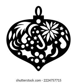 Christmas tree decorations. Vector black and white flat illustration. Design of holiday invitations, tags, greeting cards, banners