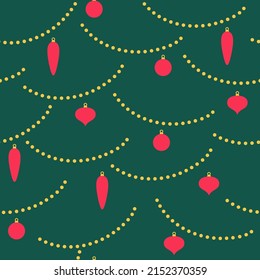 Ilustración vectorial de decoraciones de árboles de Navidad. Feliz Año Nuevo lindo dibujo animado sin fisuras. Las guirnaldas antiguas y las bolas de navidad de fondo.