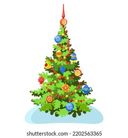 Christmas tree with decorations in vintage style. Vector image on a white background.