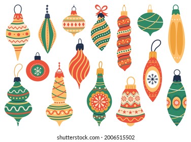 Christmas tree decorations. Xmas holidays fur tree toys, cute xmas vintage elements vector illustration set. Hand drawn Christmas winter toys. Colorful old-fashioned baubles of various shapes