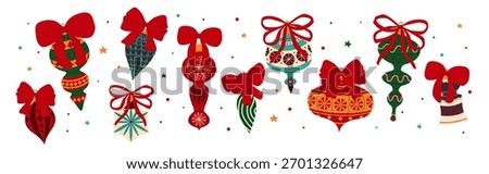 Christmas tree decorations,a set of Christmas tree ornaments with red bows on a white background. Retro Christmas tree decorations. Vintage New Year's decorations. 