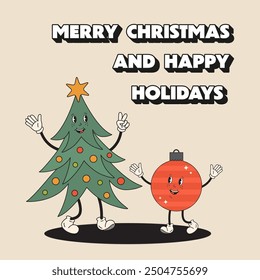 Christmas tree with with decorative bauble in cute retro style. Christmas fir tree and red ball toy in groovy hippy style. Its the most wonderful time of a year. Greeting card, cheerful holiday spirit