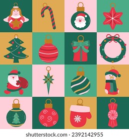 Weihnachtsbaumdekorative Elemente mit geometrischem, nahtlosen Vektormuster zum Verpacken von Papier, Hintergrund, Tapete. Feiertage, modernes, zeitgenössisches abstraktes Design.